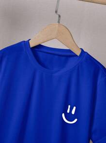 SHEIN Tween Boy Smiling Face Print Crew Neck Short Sleeve 2 Piece Set, Casual Everyday Outfit, Spring/Summer, School, Campus, College - Royal Blue - View 4