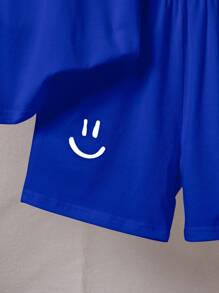 SHEIN Tween Boy Smiling Face Print Crew Neck Short Sleeve 2 Piece Set, Casual Everyday Outfit, Spring/Summer, School, Campus, College - Royal Blue - View 5