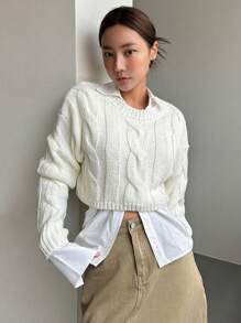 DAZY Xoắn Dan Thả vai Áo len Crop - trắng - Xem 4