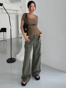 DAZY 素色大圓領T恤 - 卡其色 - 查看 3