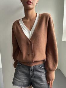 DAZY Áo khoác cardigan tay đèn lồng hai hàng khuy, Quần áo mùa thu - màu nâu - Xem 8