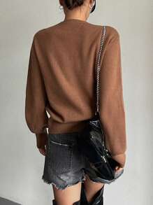DAZY Áo khoác cardigan tay đèn lồng hai hàng khuy, Quần áo mùa thu - màu nâu - Xem 2