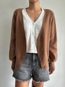 DAZY Áo khoác cardigan tay đèn lồng hai hàng khuy, Quần áo mùa thu - màu nâu - Xem 3