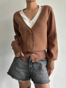 DAZY Áo khoác cardigan tay đèn lồng hai hàng khuy, Quần áo mùa thu - màu nâu - Xem 4