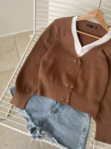 DAZY Áo khoác cardigan tay đèn lồng hai hàng khuy, Quần áo mùa thu - màu nâu - Xem 5