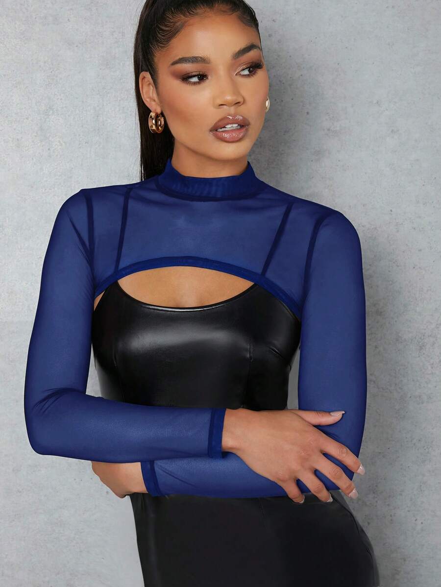 SHEIN ICON Mock-neck Super Crop Mesh Top - Royal Blue - View 1