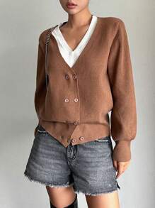 DAZY Áo khoác cardigan tay đèn lồng hai hàng khuy, Quần áo mùa thu - màu nâu - Xem 6