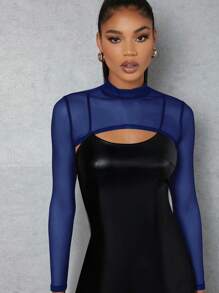 SHEIN ICON Mock-neck Super Crop Mesh Top - Royal Blue - View 3
