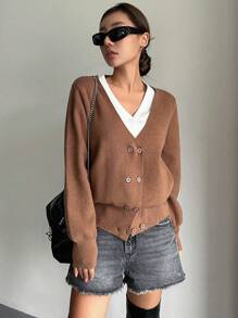 DAZY Áo khoác cardigan tay đèn lồng hai hàng khuy, Quần áo mùa thu - màu nâu - Xem 7