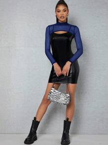 SHEIN ICON Mock-neck Super Crop Mesh Top - Royal Blue - View 5