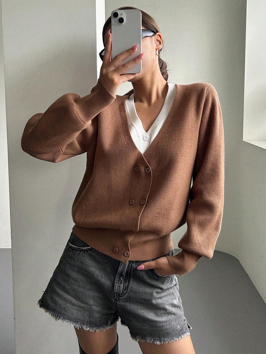 DAZY Áo khoác cardigan tay đèn lồng hai hàng khuy, Quần áo mùa thu - màu nâu - Xem 1