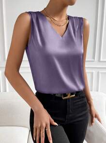 SHEIN Clasi 素色V領無袖襯衫 - 淡紫色 - 查看 3