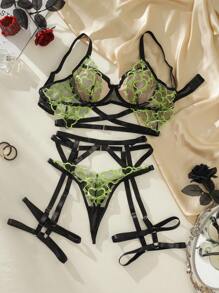 SHEIN Exotic-Bondage Embroidery Mesh Underwire Garter Lingerie Set - Multicolor - View 1
