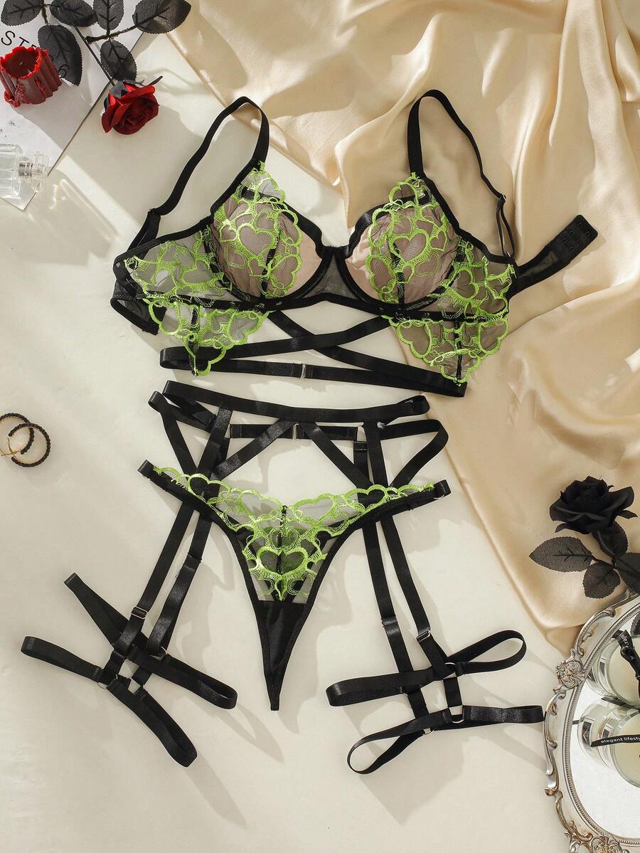 SHEIN Exotic-Bondage Embroidery Mesh Underwire Garter Lingerie Set - Multicolor - View 1