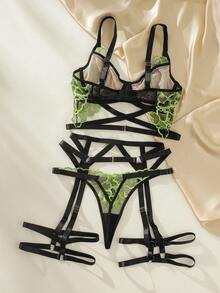 SHEIN Exotic-Bondage Embroidery Mesh Underwire Garter Lingerie Set - Multicolor - View 2