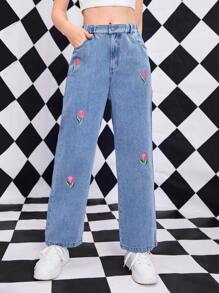Teen Girl Floral Embroidery Straight Leg Jeans - Medium Wash - View 1
