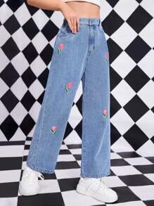 Teen Girl Floral Embroidery Straight Leg Jeans - Medium Wash - View 3