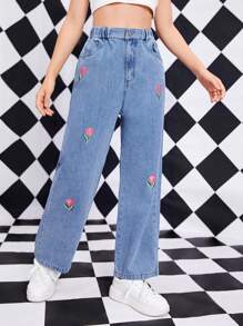 Teen Girl Floral Embroidery Straight Leg Jeans - Medium Wash - View 4