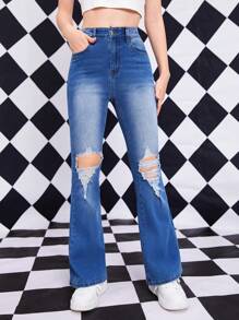 Chica adolescente Jeans de pierna amplia desgarro - Azul lavado medio - Ver 1