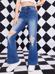 Chica adolescente Jeans de pierna amplia desgarro - Azul lavado medio - Ver 5