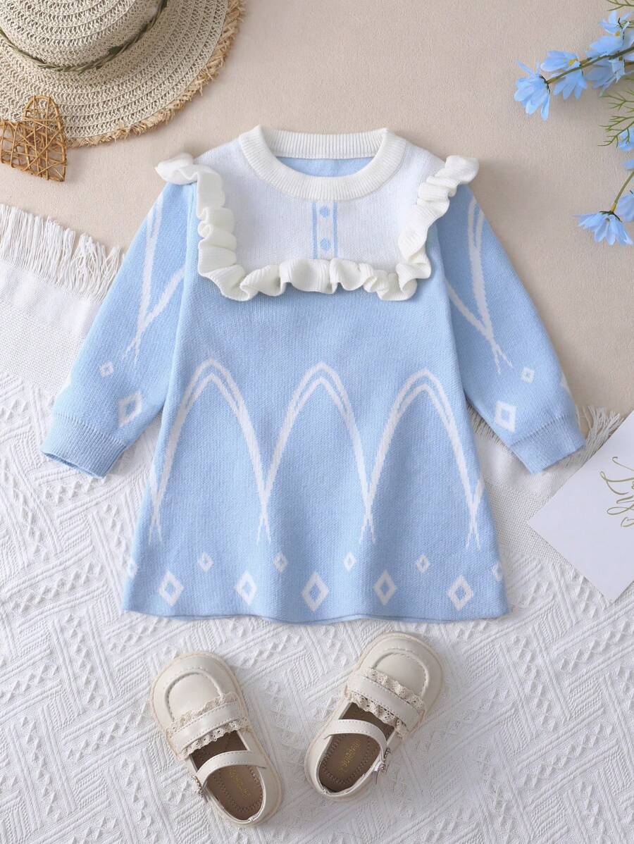 Đứa bé gái Mẫu Geo Viền Ruffle Đầm Áo len - Xanh và trắng - Xem 1