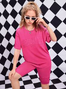 SHEIN 青少年女孩字母壓紋T恤和機車短褲套裝 - 玫紅色 - 查看 3