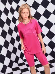 SHEIN 青少年女孩字母壓紋T恤和機車短褲套裝 - 玫紅色 - 查看 4