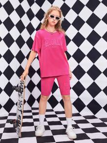 SHEIN 青少年女孩字母壓紋T恤和機車短褲套裝 - 玫紅色 - 查看 5