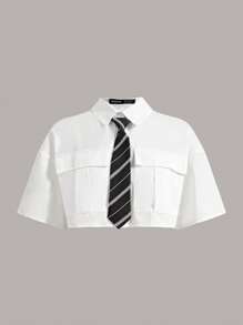 SHEIN MOD Flap Pocket Drop Shoulder Crop Shirt With Tie - White - View 1