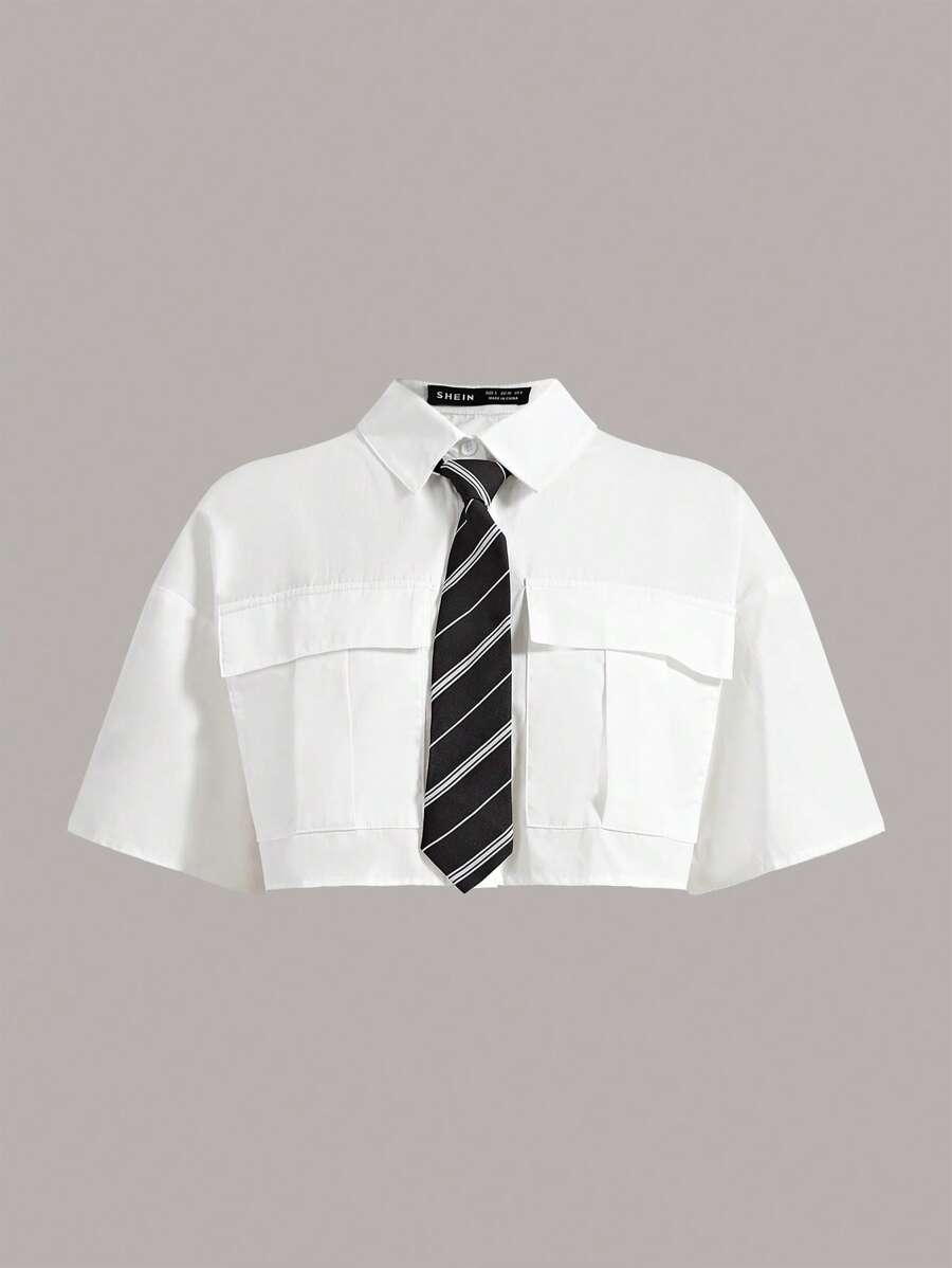 SHEIN MOD Flap Pocket Drop Shoulder Crop Shirt With Tie - White - View 1