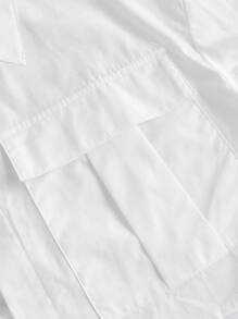 SHEIN MOD Flap Pocket Drop Shoulder Crop Shirt With Tie - White - View 3