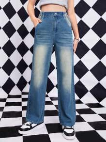 Teen Girl Cat's Whisker Washed Straight Leg Jeans - Medium Wash - View 1