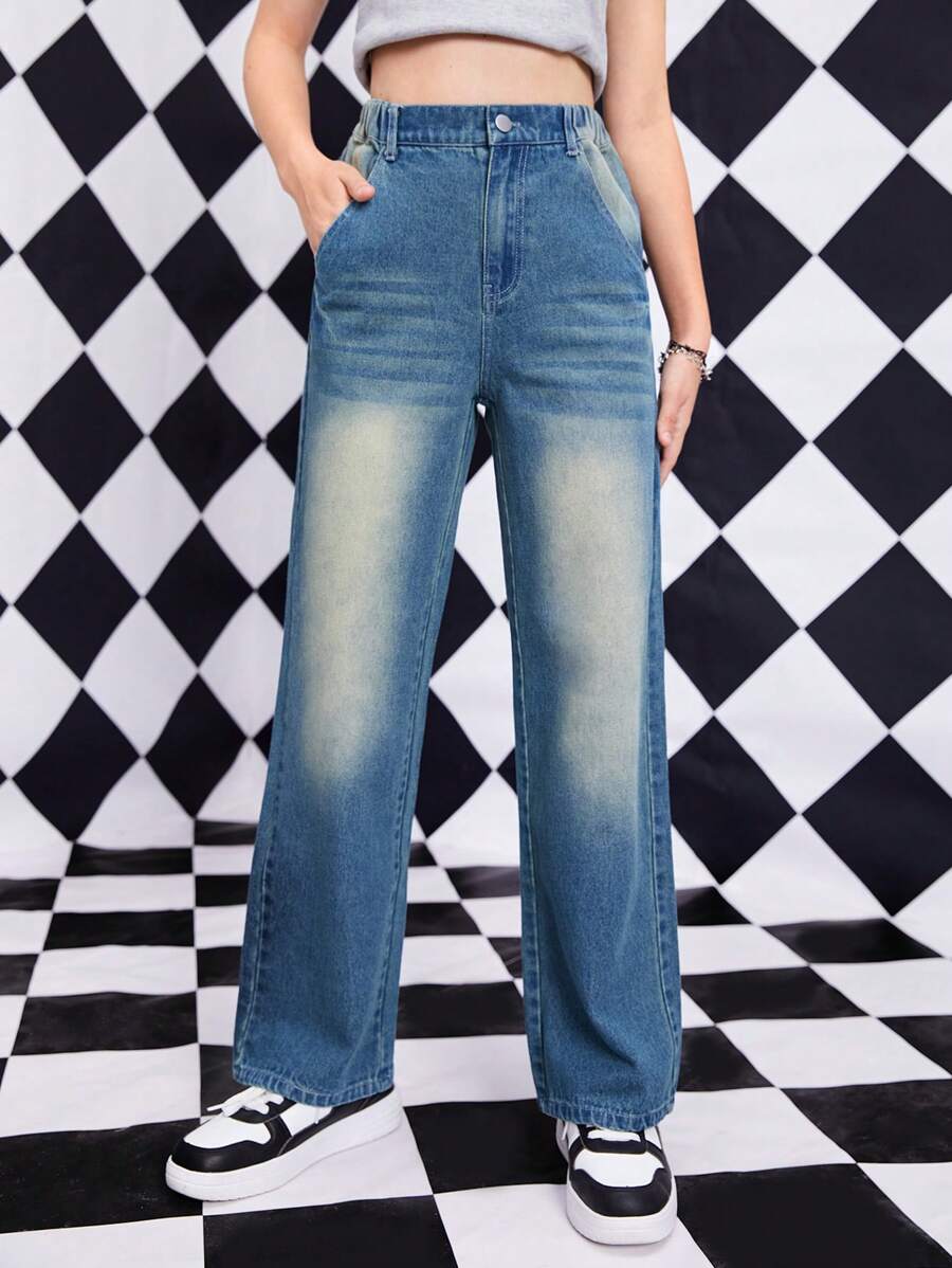 Teen Girl Cat's Whisker Washed Straight Leg Jeans - Medium Wash - View 1