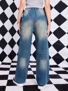 Teen Girl Cat's Whisker Washed Straight Leg Jeans - Medium Wash - View 2