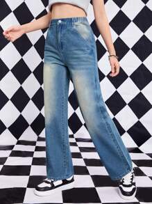 Teen Girl Cat's Whisker Washed Straight Leg Jeans - Medium Wash - View 3