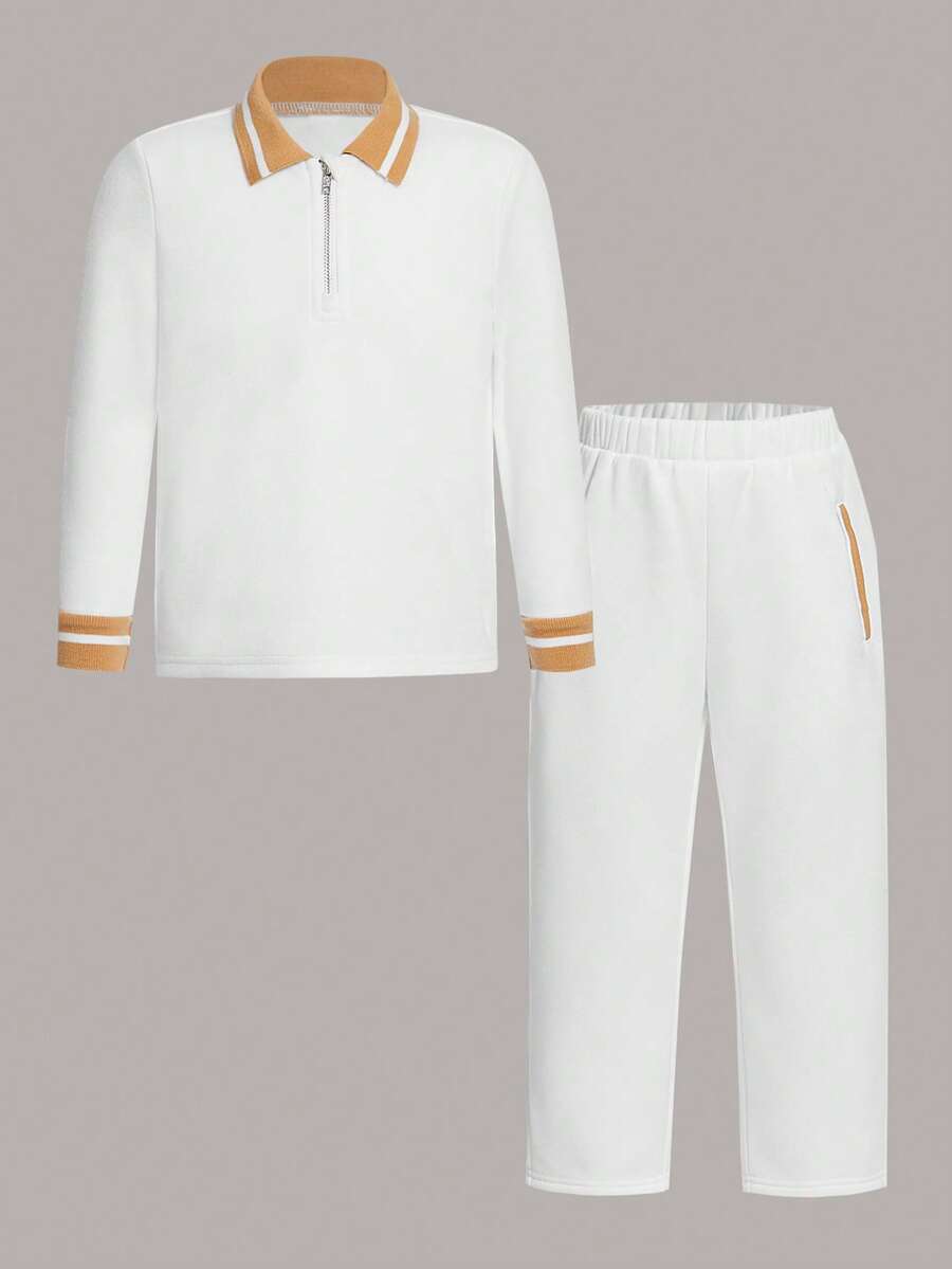 SHEIN Young Boy Contrast Trim Polo Shirt & Pants - White - View 1