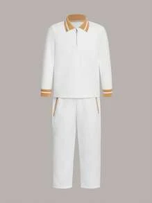SHEIN Young Boy Contrast Trim Polo Shirt & Pants - White - View 3