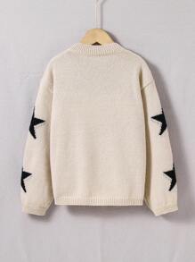 SHEIN Explorewe Tween Girl Star Pattern Drop Shoulder Sweater - Khaki - View 2