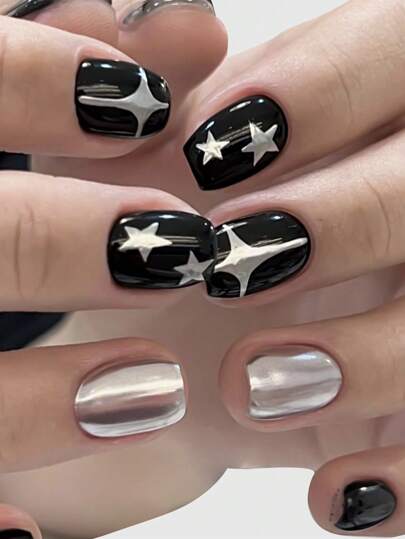 Goth 24 pezzi corto quadrato con modello stelle color block Unghie finte & 1 foglio nastro