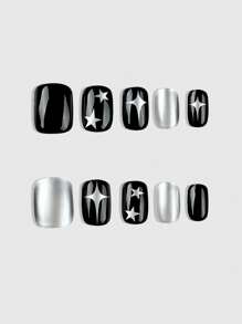 ROMWE Goth 24入組短方形星星圖案撞色假指甲&1張織帶 - 彩色 - 查看 3