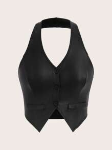 SHEIN EZwear Nút phía trước Không lưng chất liệu da PU Halter Neck Áo vest - màu đen - Xem 1