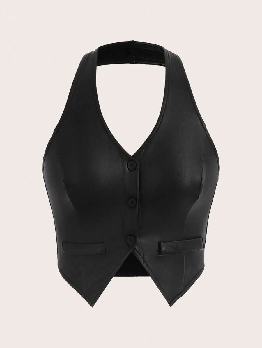 SHEIN EZwear Nút phía trước Không lưng chất liệu da PU Halter Neck Áo vest - màu đen - Xem 1