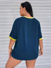 SHEIN EZwear Plus Letter Graphic Contrast Trim Drop Shoulder Tee - Navy Blue - View 2