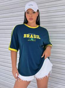 SHEIN EZwear Plus Letter Graphic Contrast Trim Drop Shoulder Tee - Navy Blue - View 3