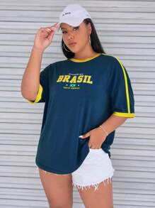 SHEIN EZwear Plus Letter Graphic Contrast Trim Drop Shoulder Tee - Navy Blue - View 4