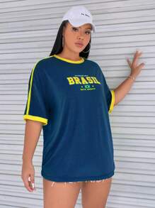 SHEIN EZwear Plus Letter Graphic Contrast Trim Drop Shoulder Tee - Navy Blue - View 5