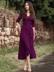 MIUSOL V Neck Floral Lace Ruffle Trim Evening Party Long Prom Dress - Maroon - View 4