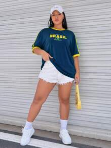 SHEIN EZwear Plus Letter Graphic Contrast Trim Drop Shoulder Tee - Navy Blue - View 6