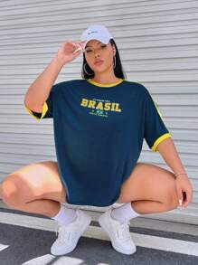 SHEIN EZwear Plus Letter Graphic Contrast Trim Drop Shoulder Tee - Navy Blue - View 7