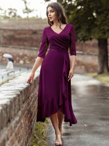 MIUSOL V Neck Floral Lace Ruffle Trim Evening Party Long Prom Dress - Maroon - View 7